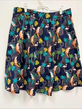 Retrolicious Navy Tropical Bird  Print Skirt with Teal and Coral Accents size XL